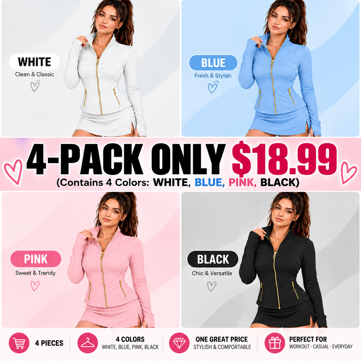 Women's Slim Fit Full Zip Workout Jacket with Thumb Holes and Zipper Pockets