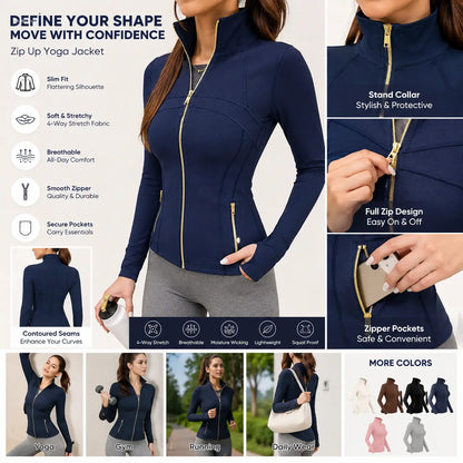 Women's Slim Fit Full Zip Workout Jacket with Thumb Holes and Zipper Pockets