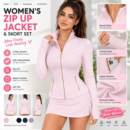 Women's Slim Fit Full Zip Workout Jacket with Thumb Holes and Zipper Pockets