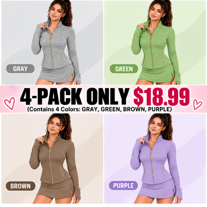 Women's Slim Fit Full Zip Workout Jacket with Thumb Holes and Zipper Pockets