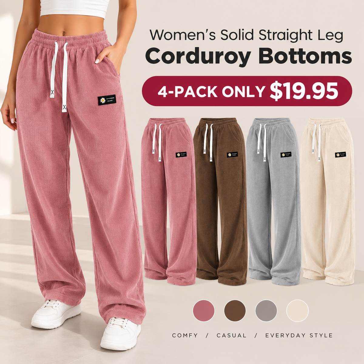 🔥[LAST DAY SALE]Women's Solid Straight Leg Corduroy Bottoms-100% Cotton