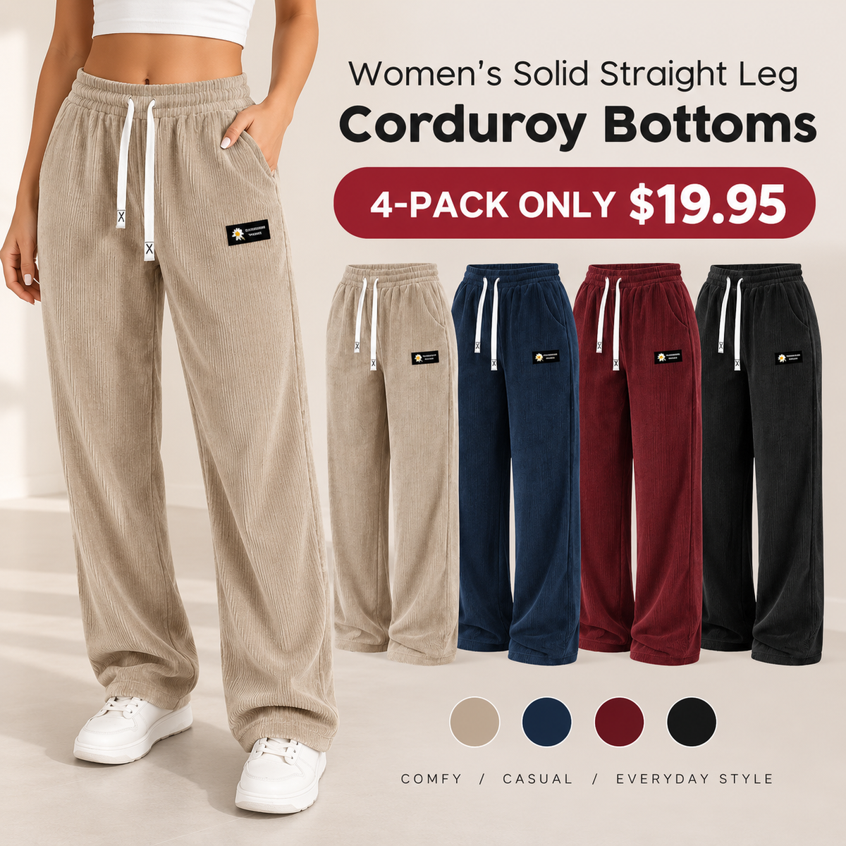 🔥[LAST DAY SALE]Women's Solid Straight Leg Corduroy Bottoms-100% Cotton