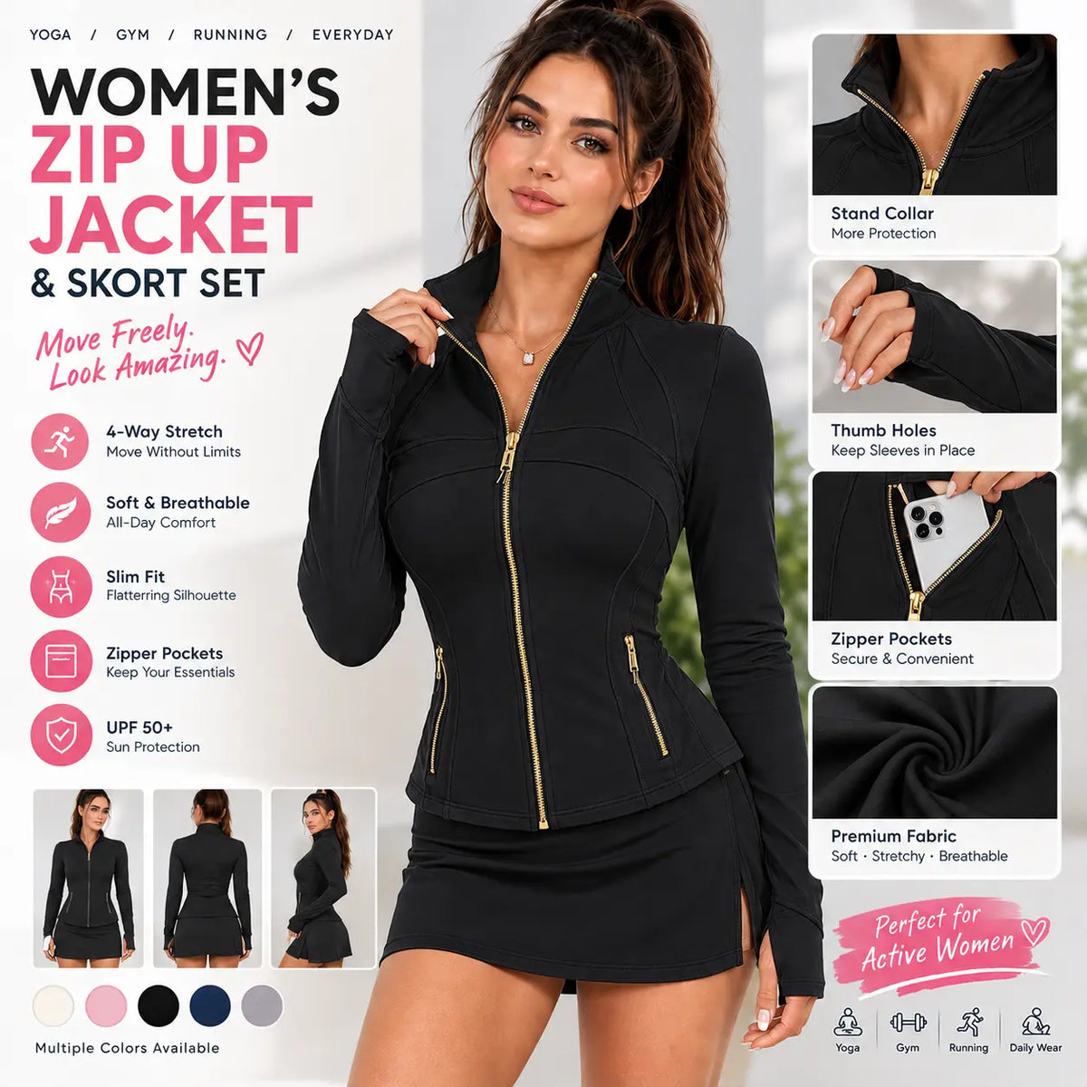 Women's Slim Fit Full Zip Workout Jacket with Thumb Holes and Zipper Pockets