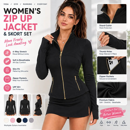 Women's Slim Fit Full Zip Workout Jacket with Thumb Holes and Zipper Pockets