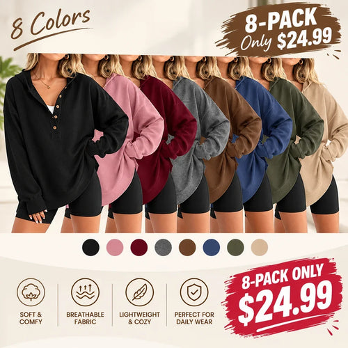 Women's Oversized Button V-Neck Hoodie Sweatshirt Long Sleeve Side Slit Casual Fall Pullover Top